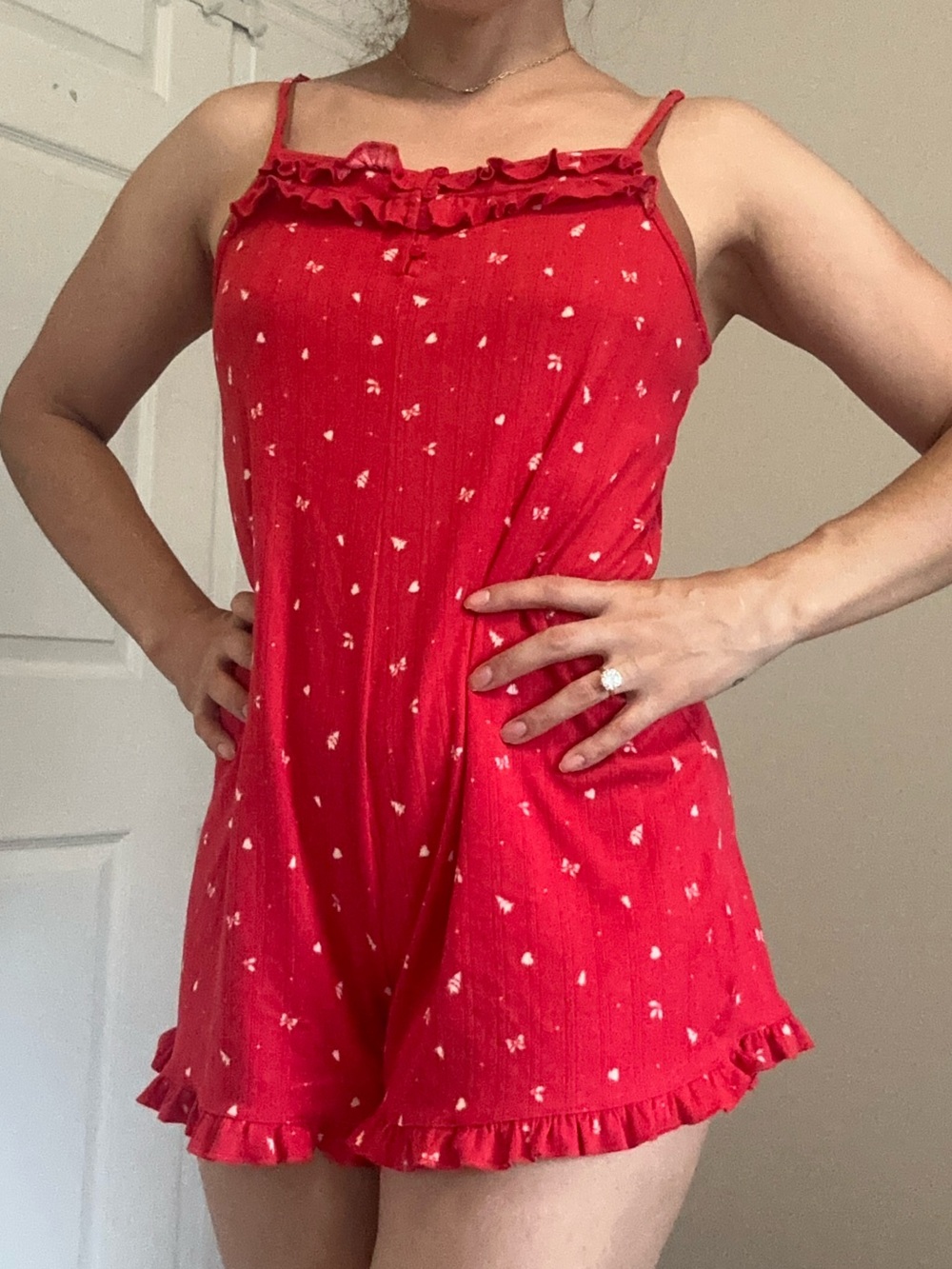 American Eagle Outfitters Red Ruffle-Trim Sleep Romper